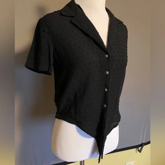 Black Polka Dot Crop Blouse with Black Tie Front and Buttons Size XS - Picture 8 of 11